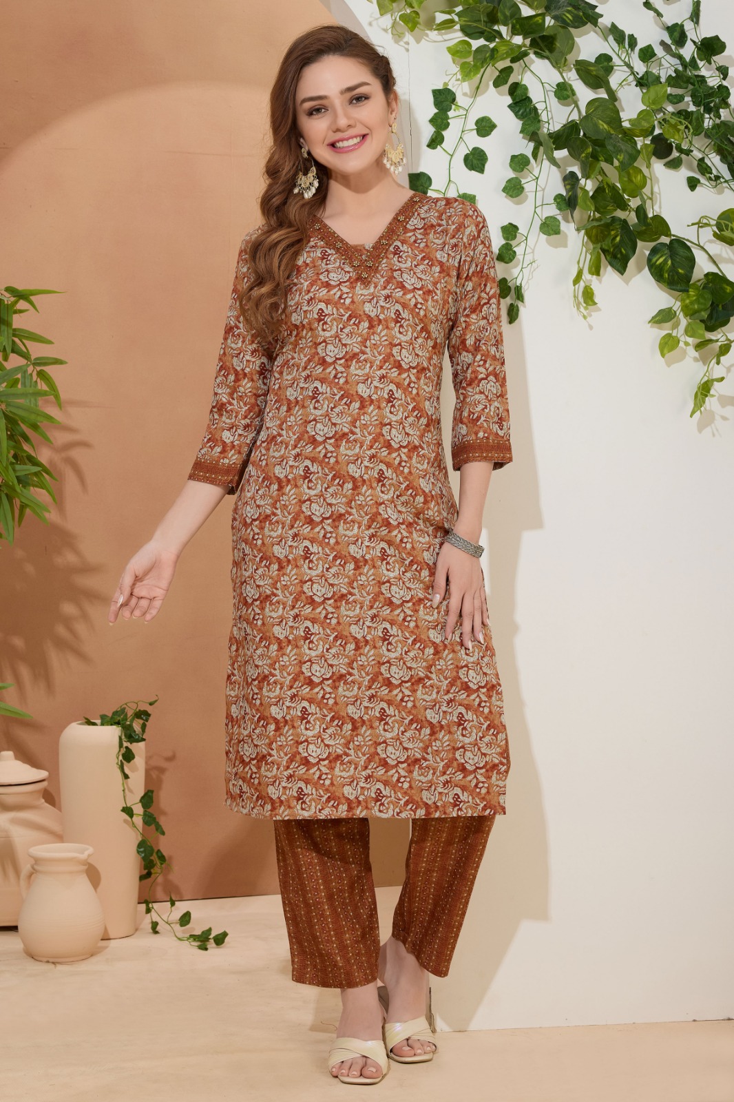 Dusty Rust V Neck Kurti Pant Suit For Women. Embellished with Decorative Golden Beads and Thread Work.
