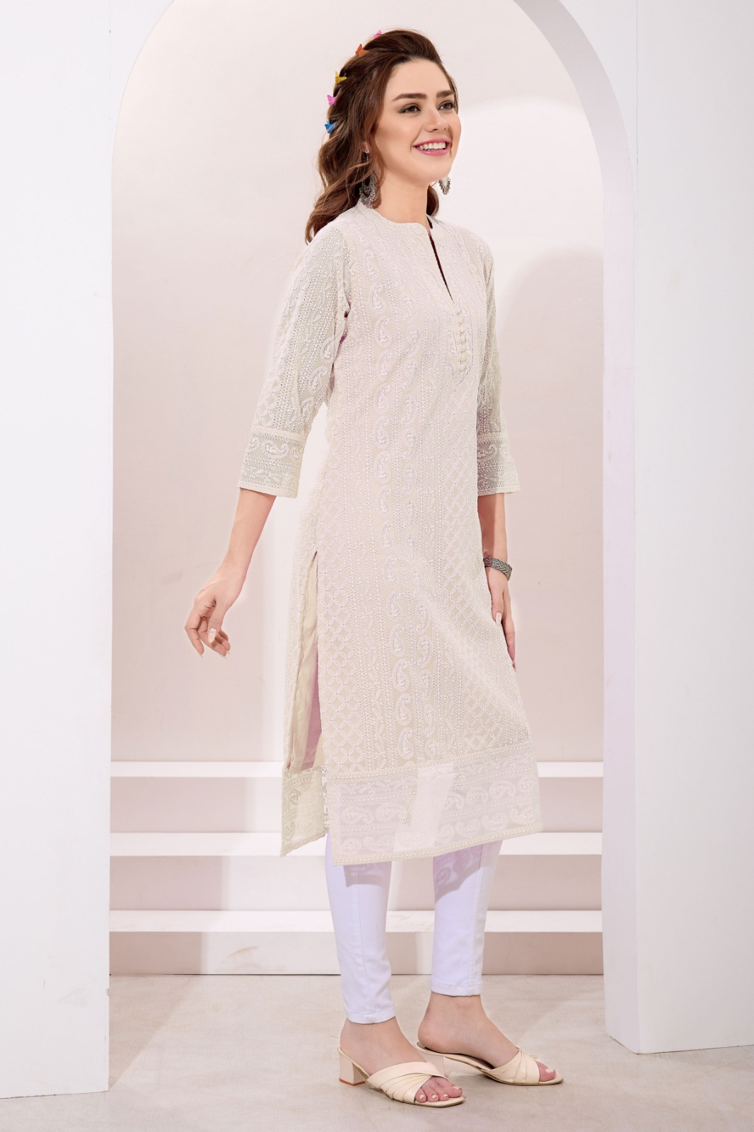 Dreamy Cream Fine Georgette Chicken Embroidery Kurta for Women with soft liner.