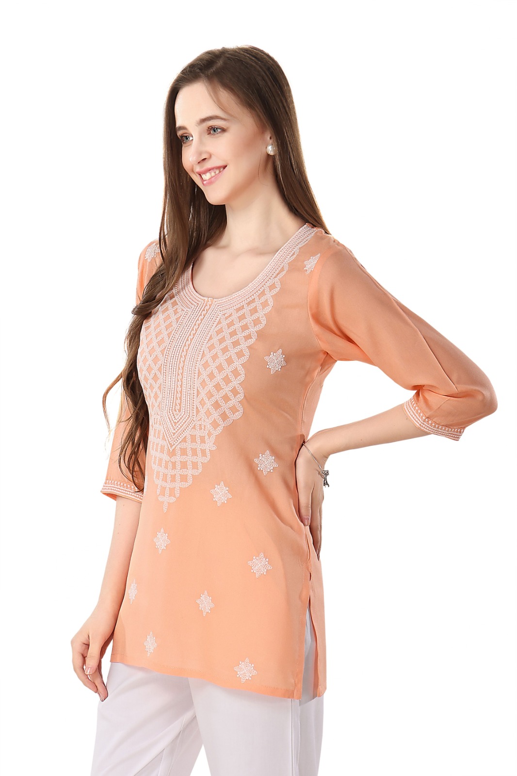 Peach Rayon Chikankari Kurti Tunic