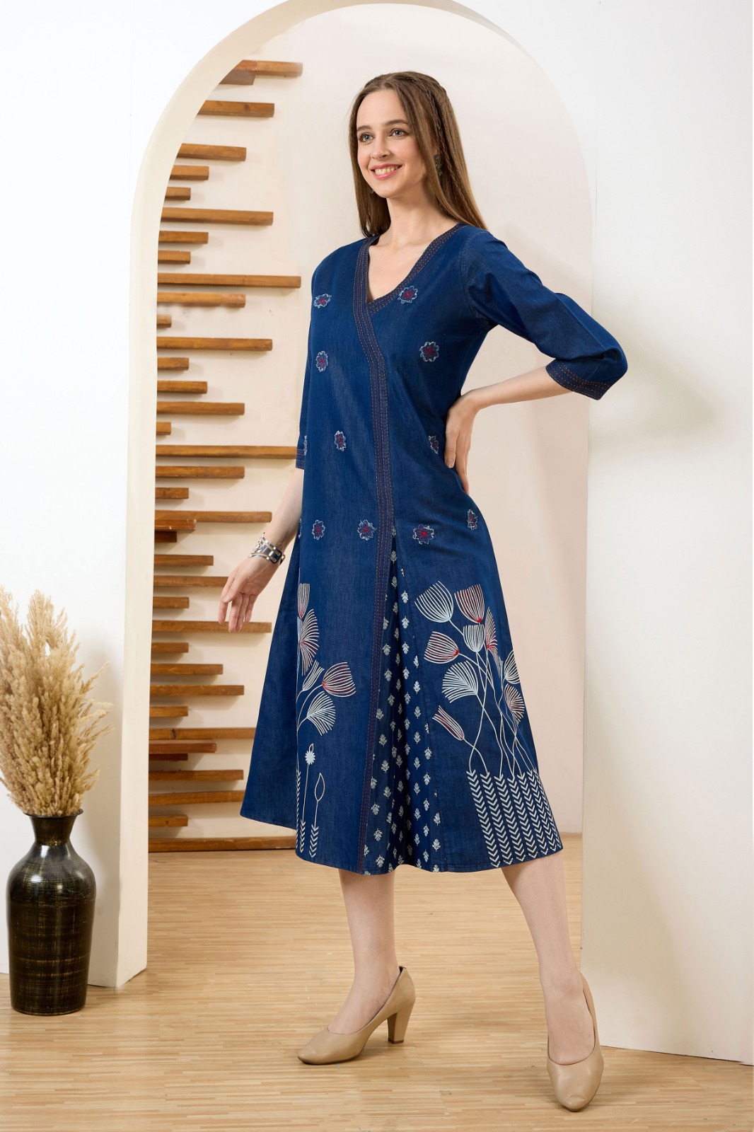 Gorgeous Denim Blue V Neck A Line Indo Western Dress