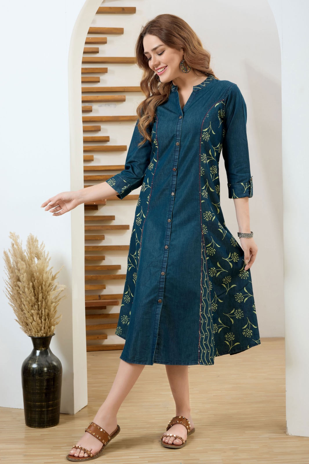 Exclusive Denim Green Wash Blue A Line Indo Western Dress