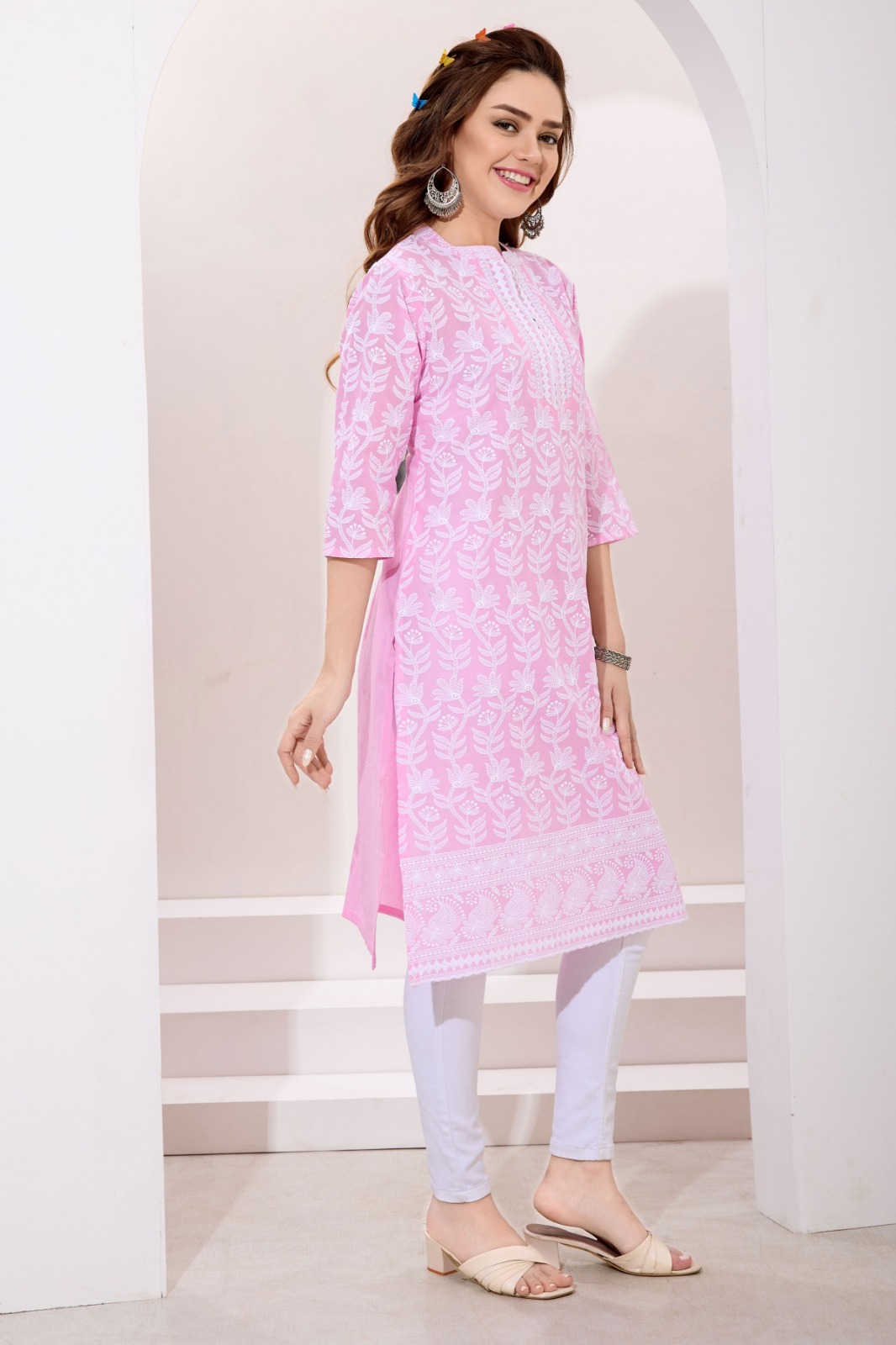 Pink Pure Cotton Chikankari Long Kurti for Women