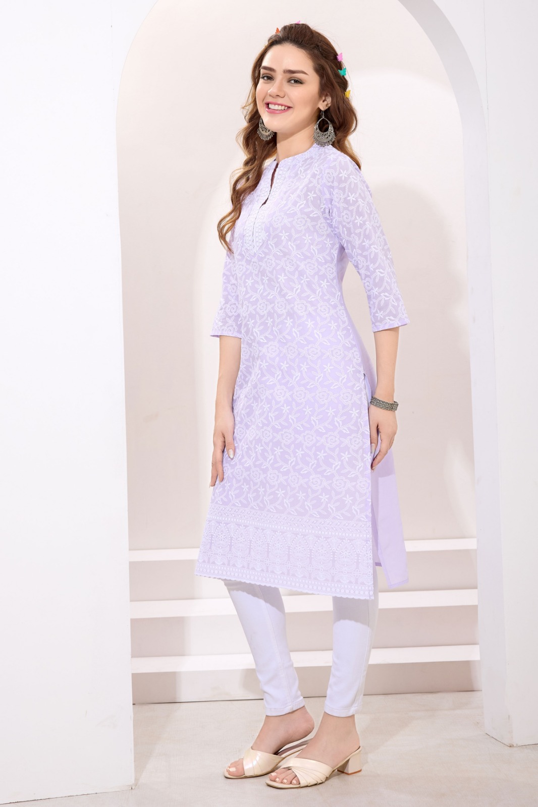 Light Purple Pure Cotton Chikankari Long Kurti for Women