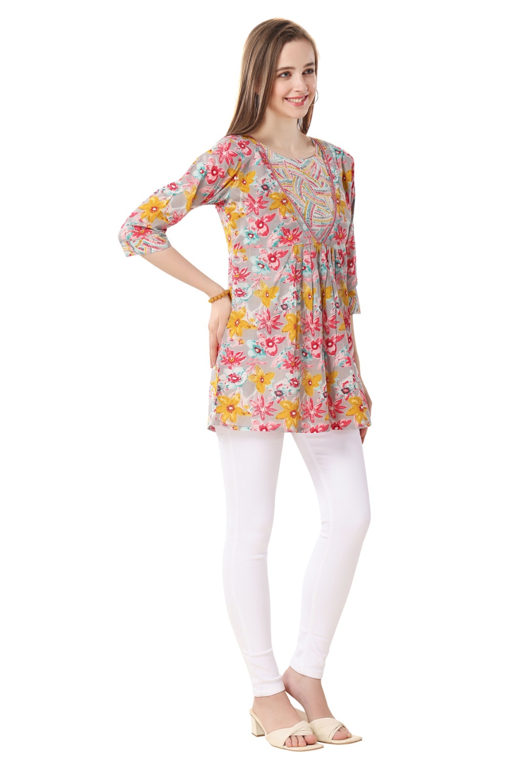 Light Brown Cotton Mix N Match Print Designer Short Tunic
