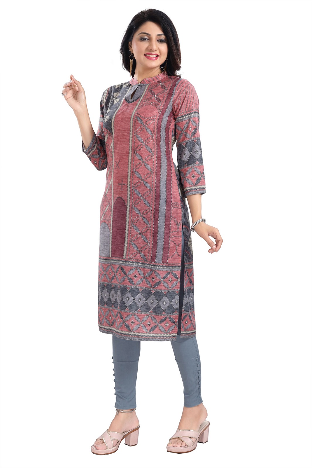 Cherished Coral Designer Digital Print Masleen Fabric Long Kurti Tunic