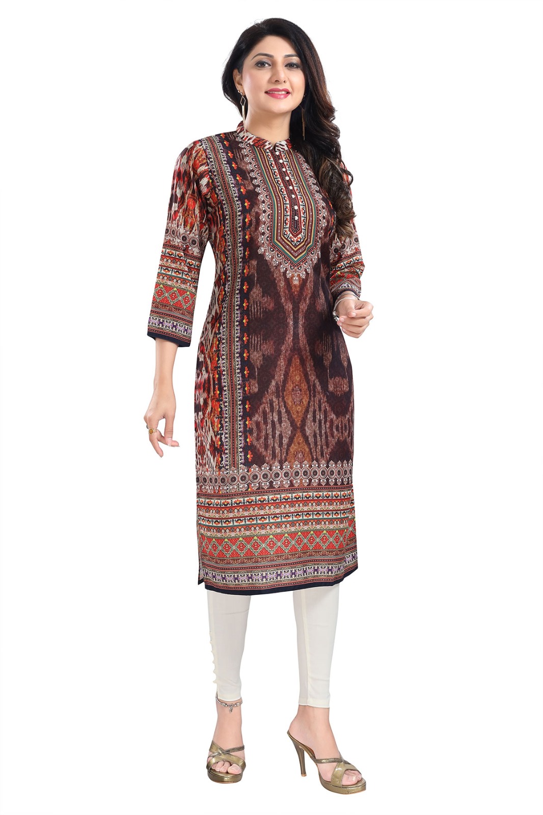 Beautiful Brown Designer Digital Print Masleen Fabric Long Kurti Tunic
