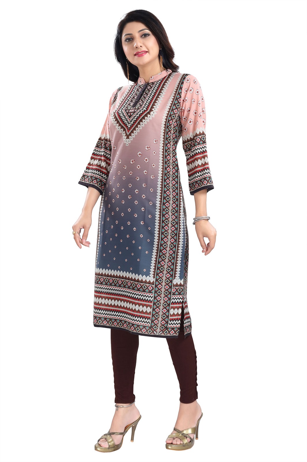 Pinky Peach Designer Digital Print Masleen Fabric Long Kurti Tunic