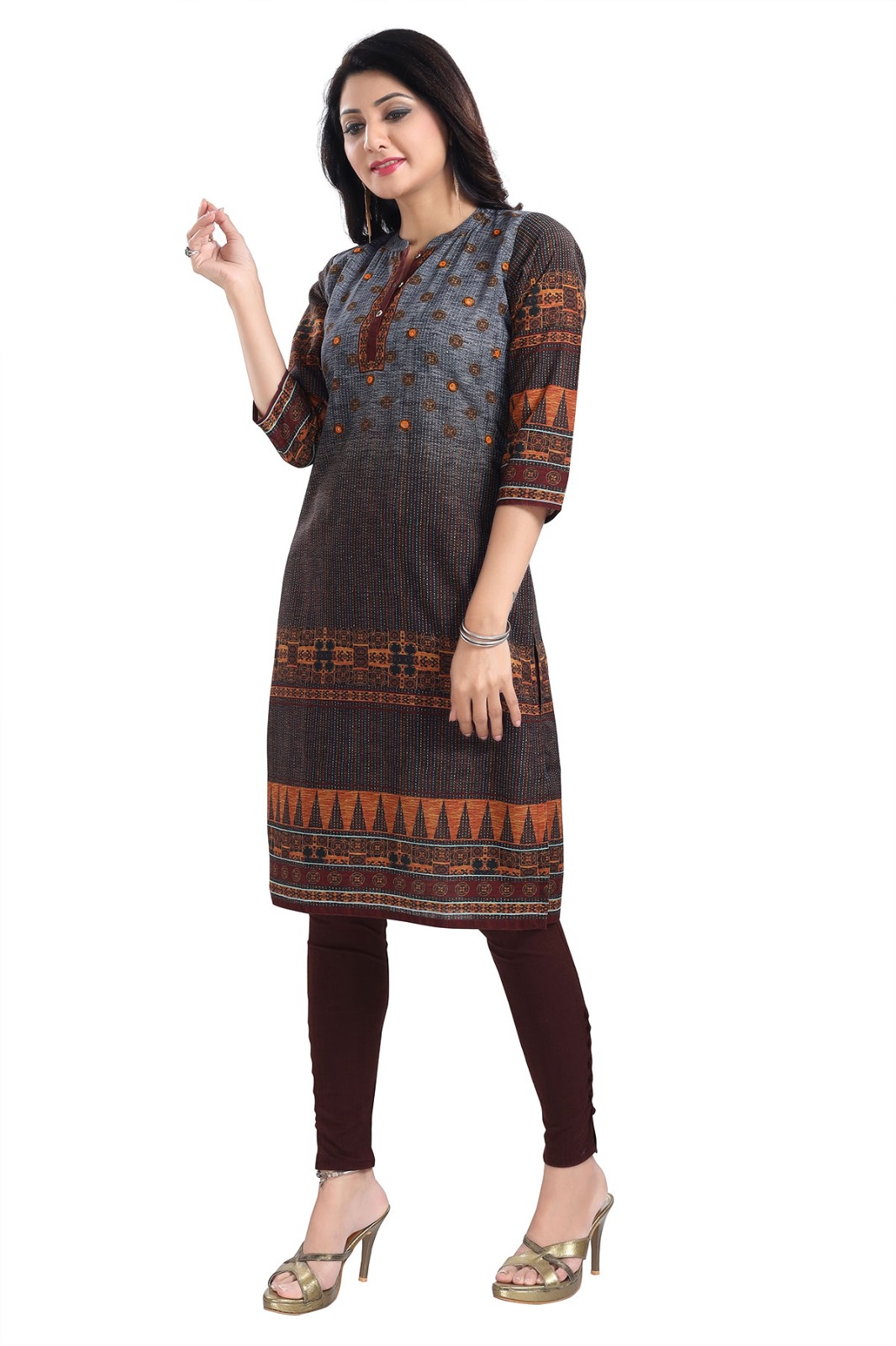 Beautiful Brown Designer Digital Print Cotton Slub Fabric Long Kurti Tunic