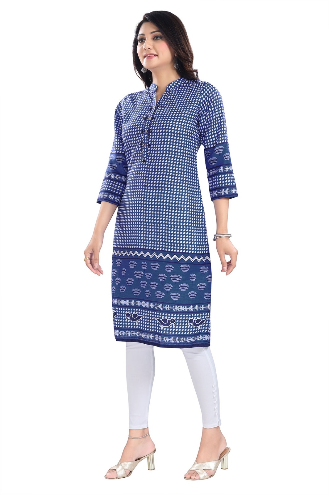 Indigo Blue Designer Digital Print Cotton Slub Fabric Long Kurti Tunic