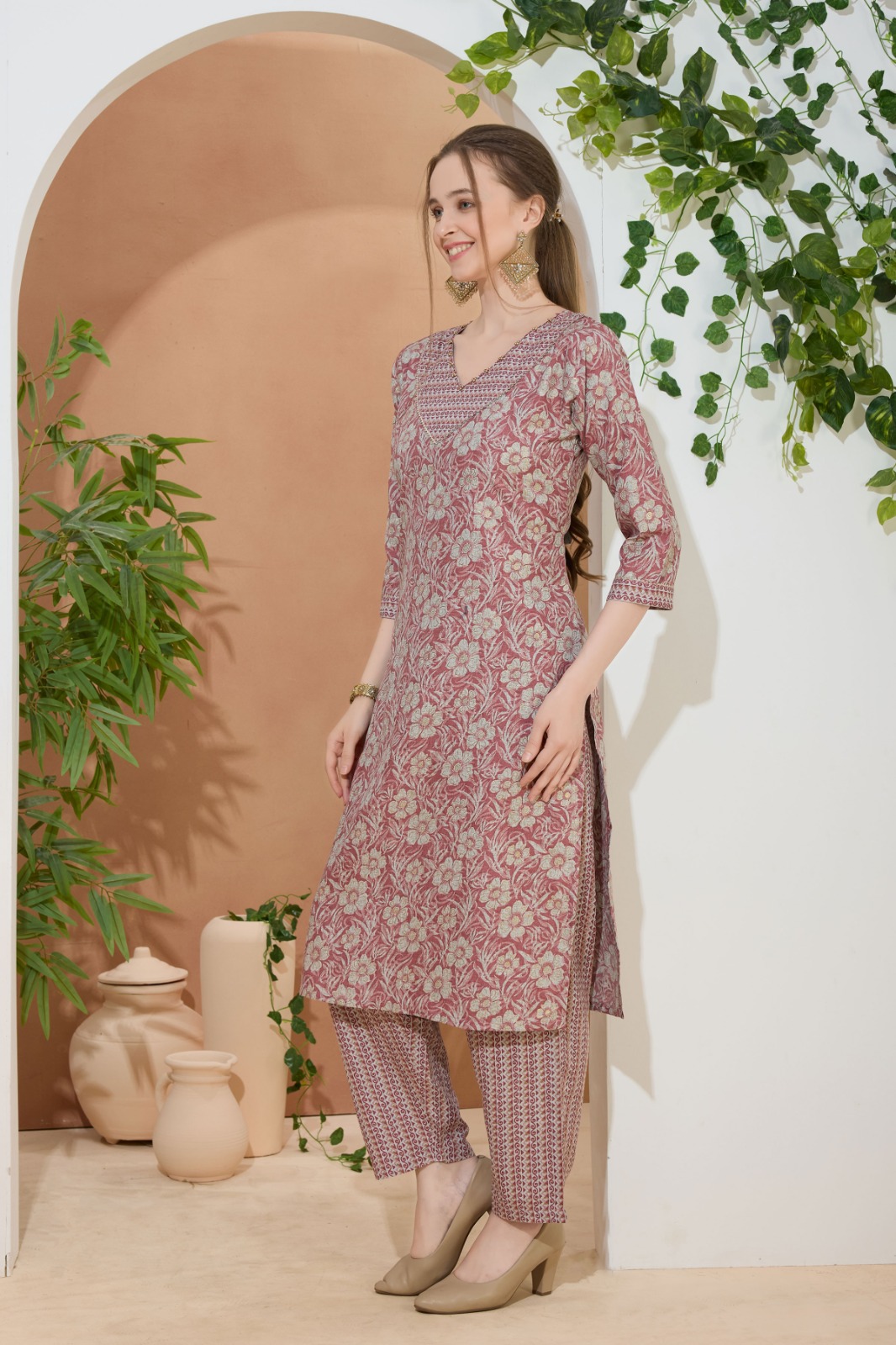 Floral Coral V Neck Kurti Pant Suit For Women. Embellished with Golden Beads and Thread Work.
