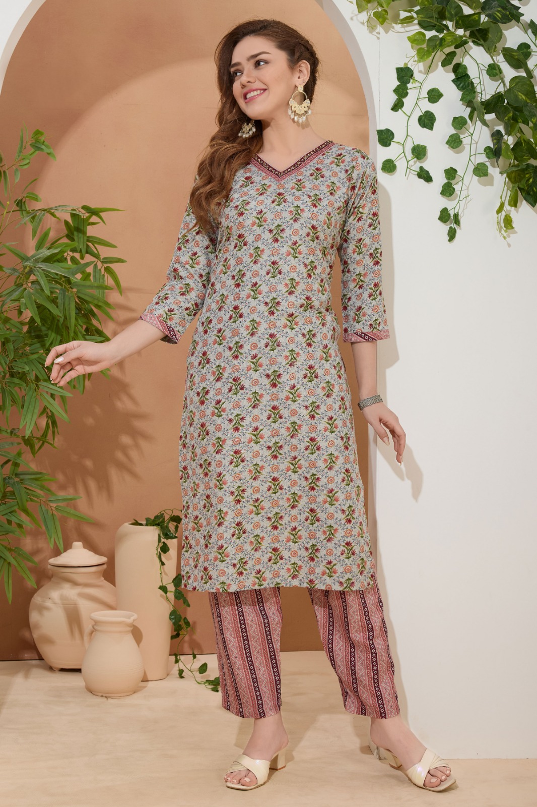 Runway Gray V Neck Kurti Pant Suit For Women. Embellished with Golden Beads and Thread Work.