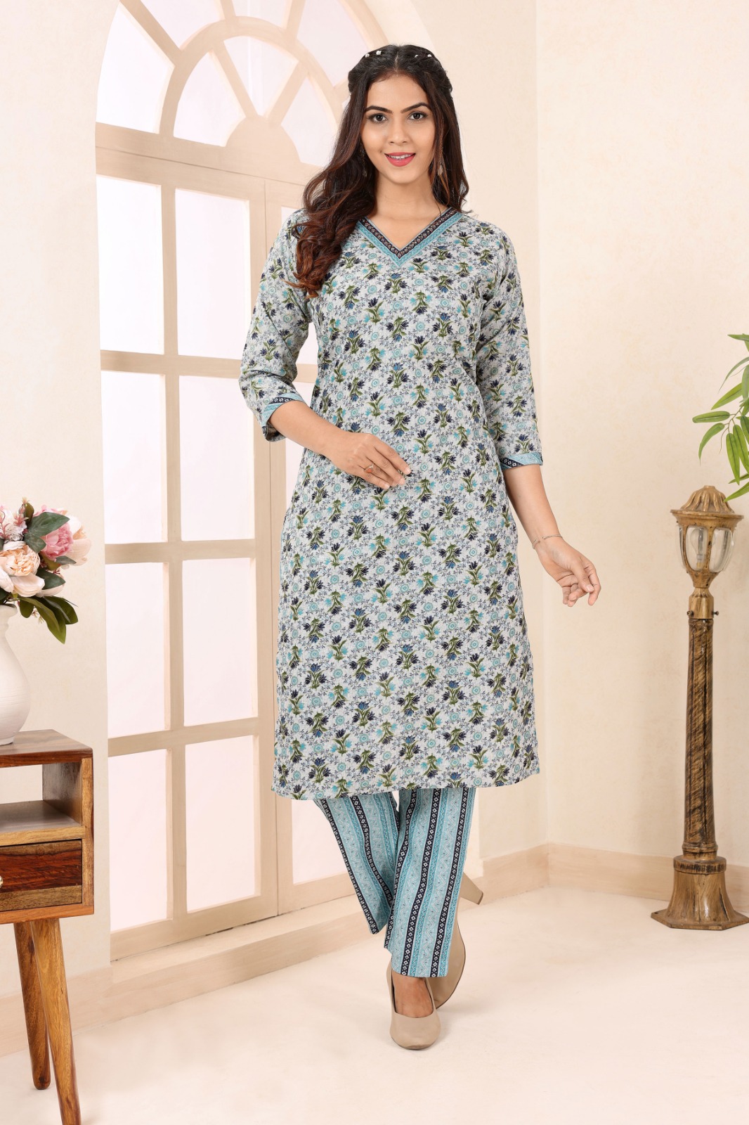 Blue Clue V Neck Kurti Pant Suit For Women