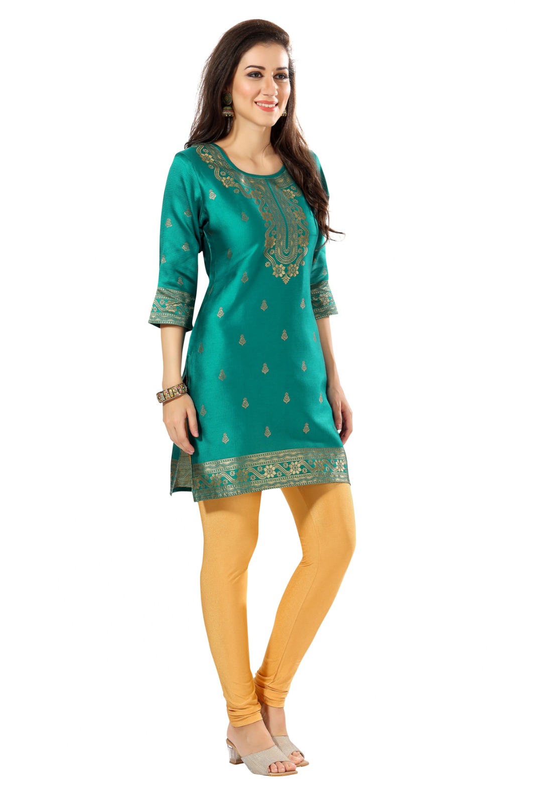 Golden Threads: Celebrating Festivities in Banarasi Jacquard Kurti Tunic Rama Color