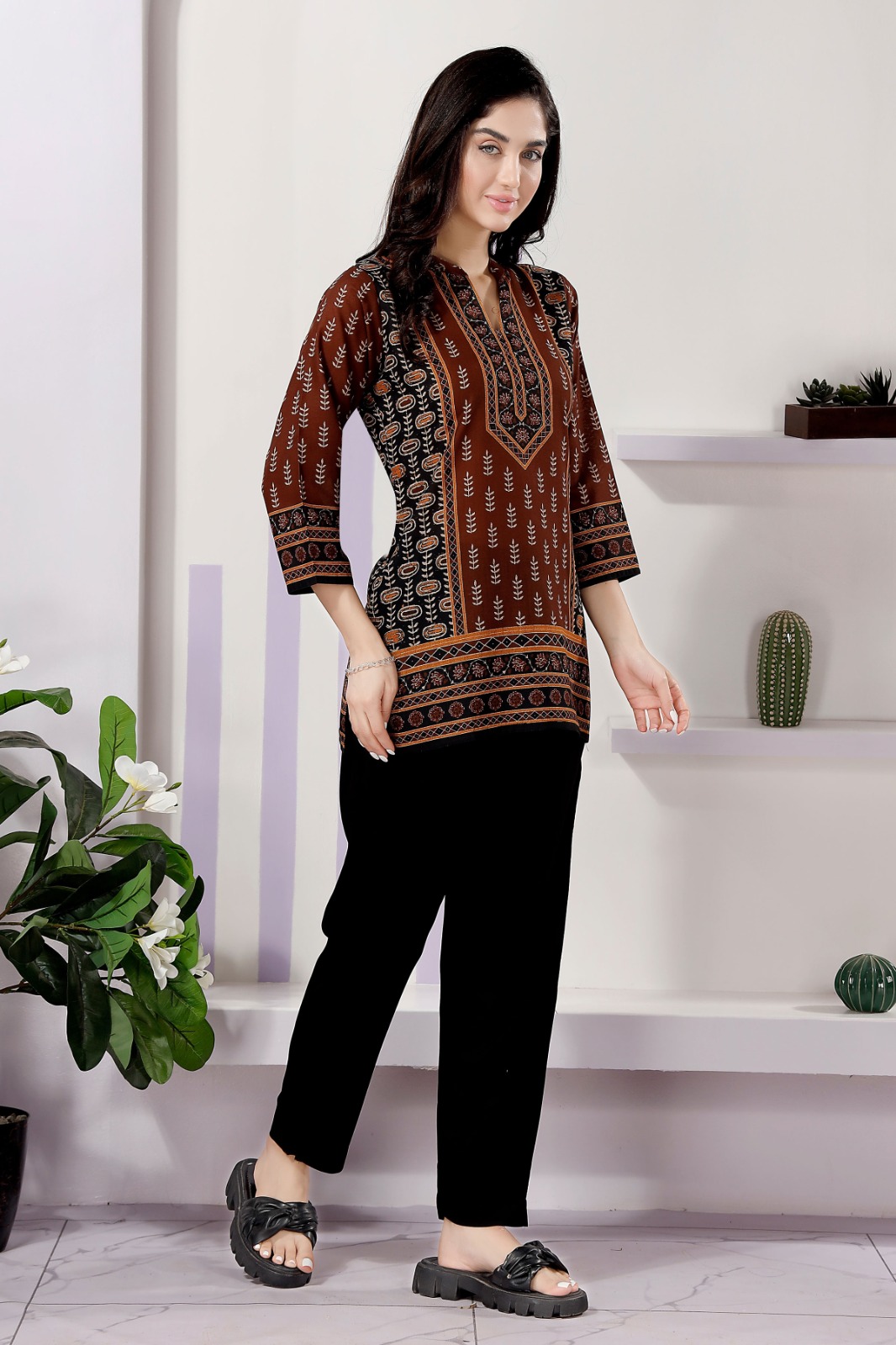 Brown Cotton Print Ban Collar Short Tunic Top