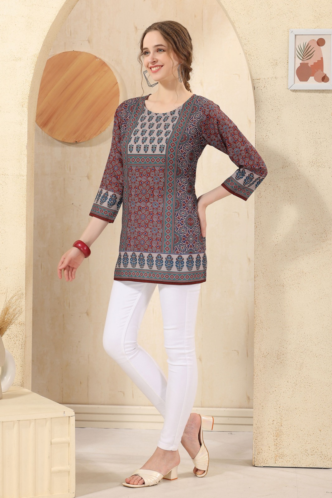 Maroon Jaipuri Cotton Print Round Neck Short Tunic Top