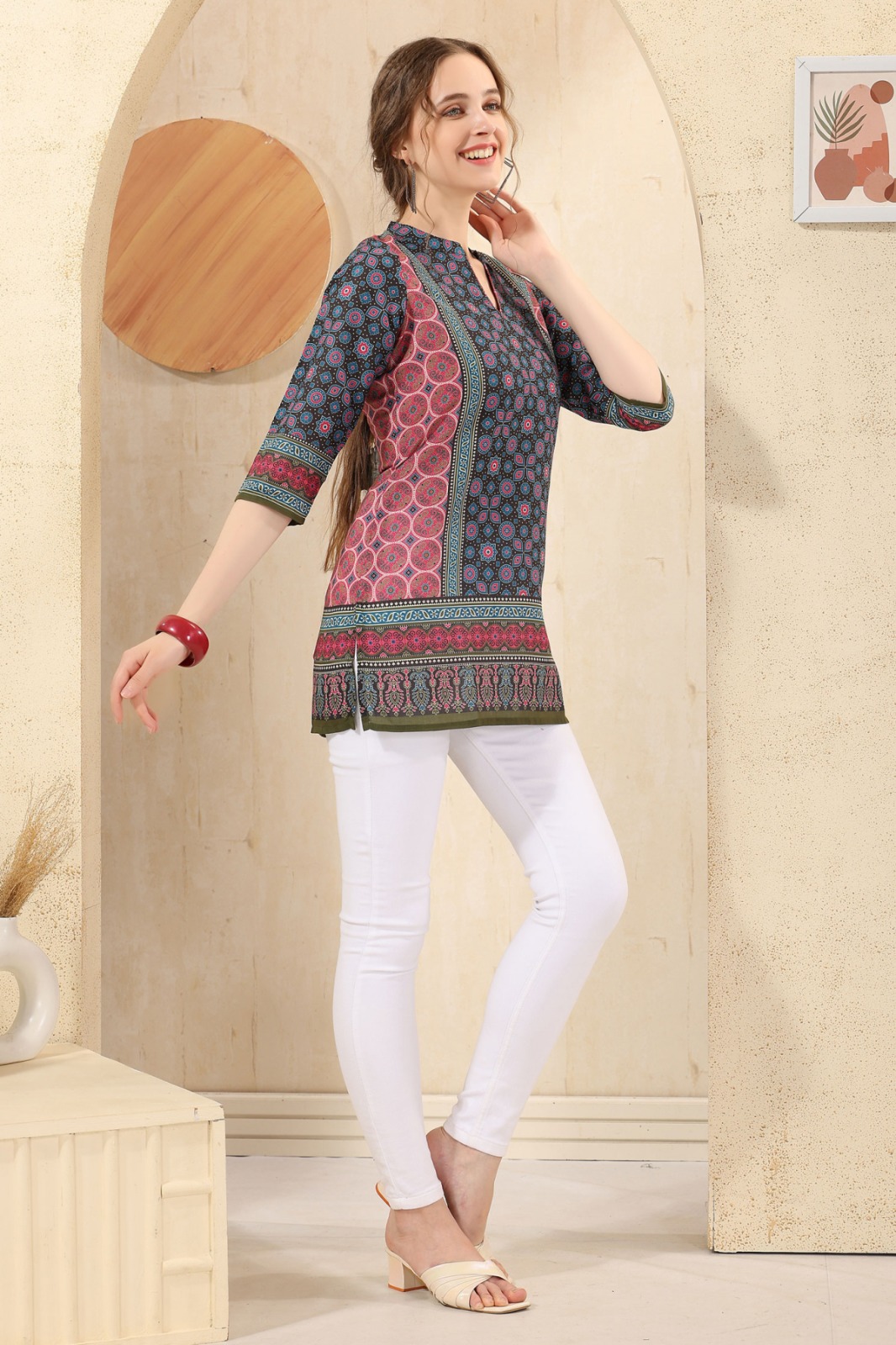 Black n Pink Cotton Print Mandarin Collar Short Tunic Top