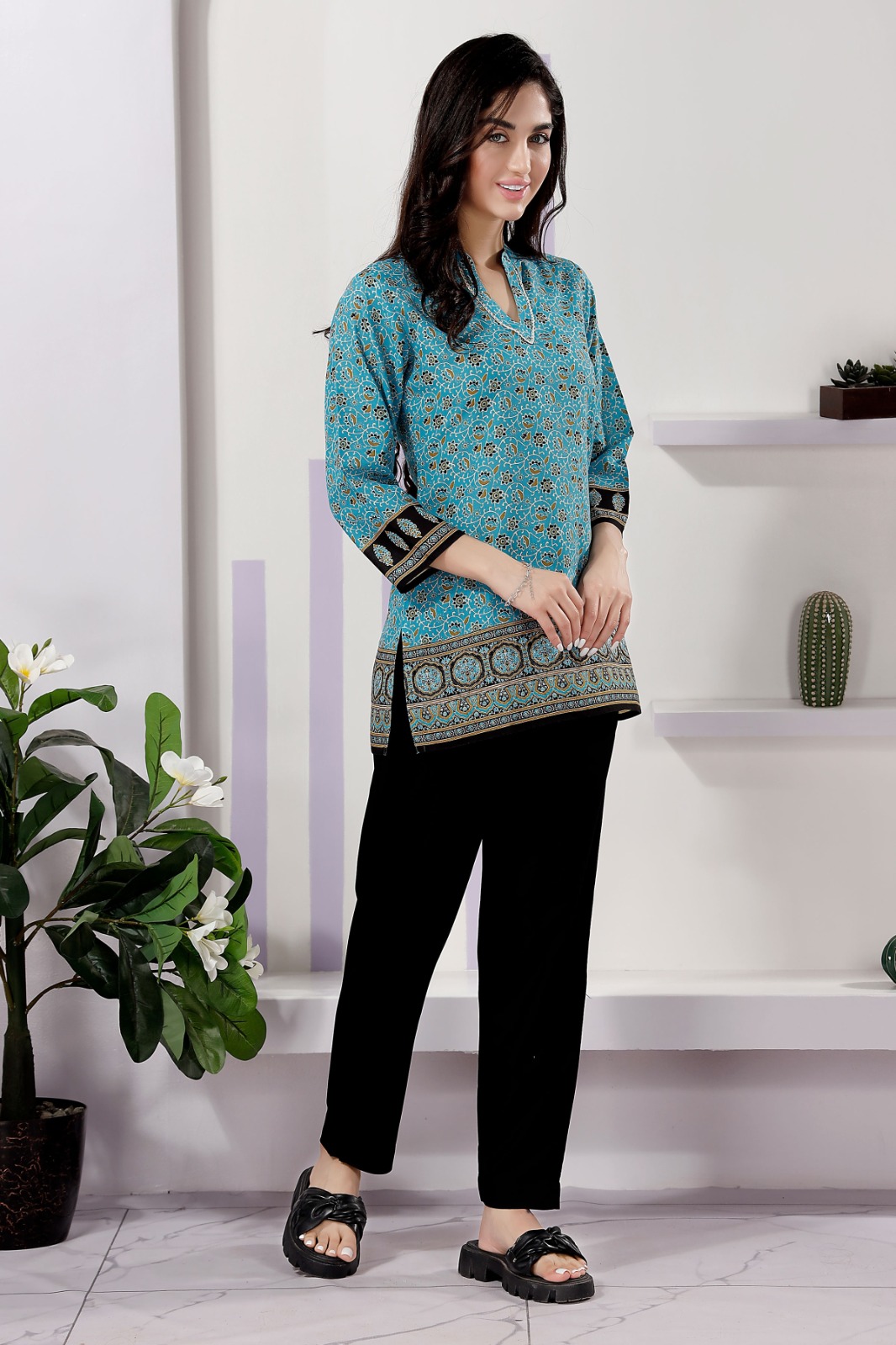 Turquoise Jaipuri Cotton Print Mandarin Collar Short Tunic Top