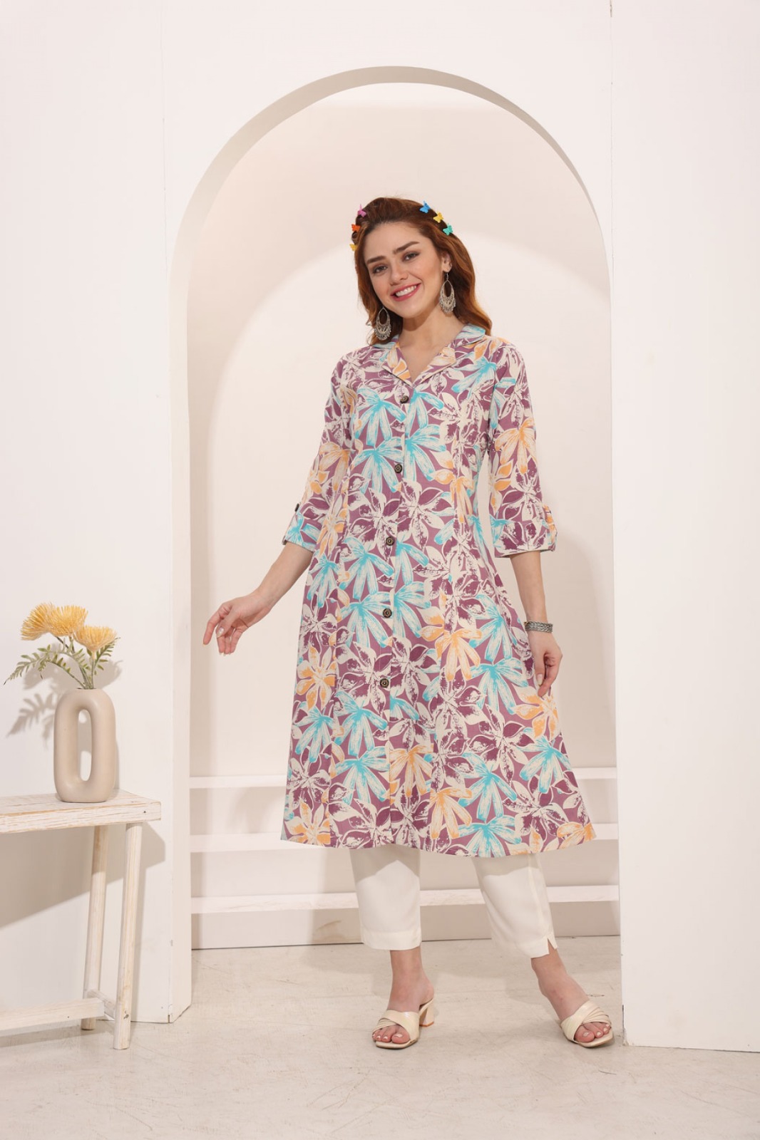 Purple Linen Cotton Princess Cut Long Kurta For Women