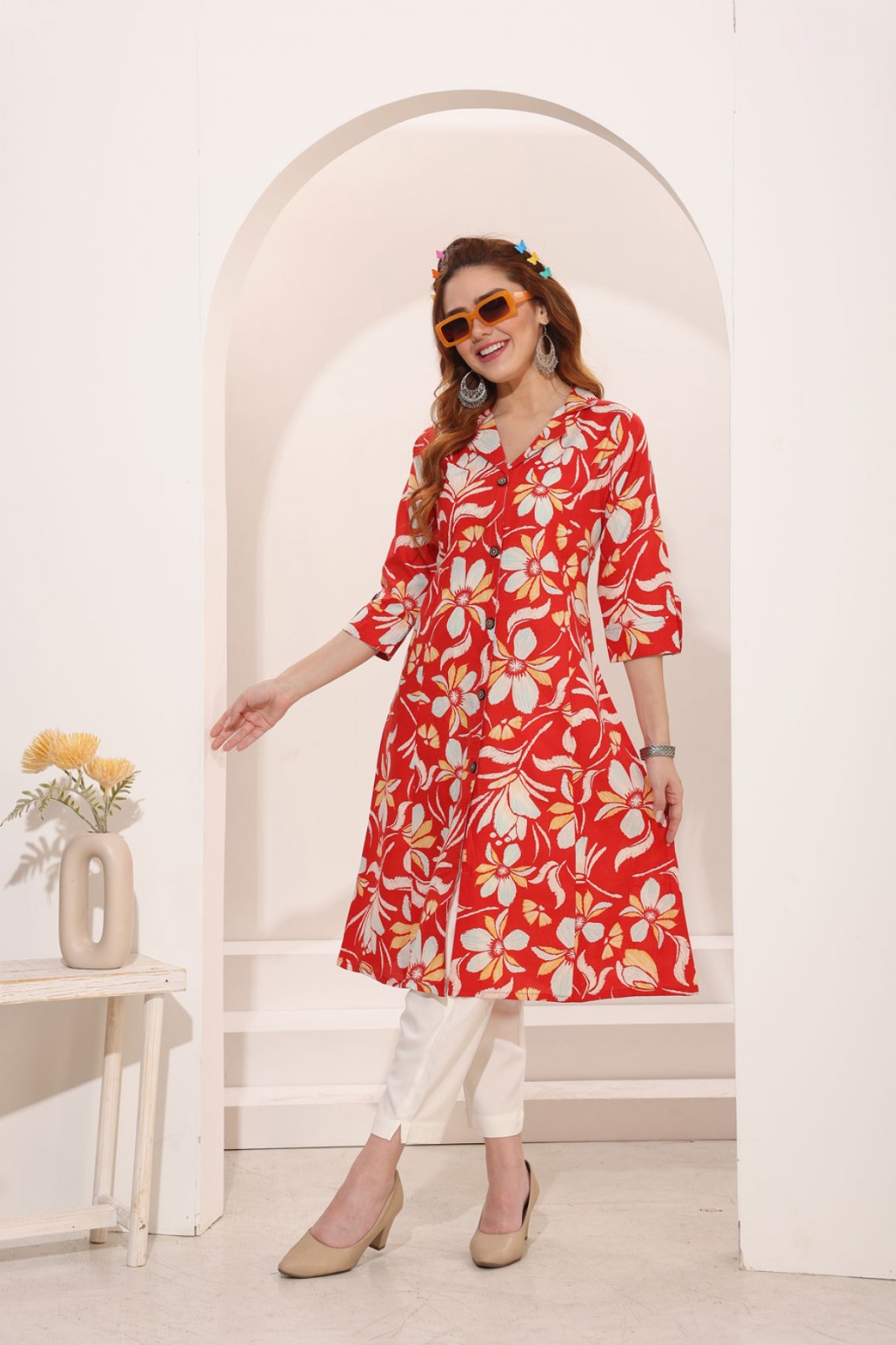 Red Linen Cotton Princess Cut Long Kurta For Women