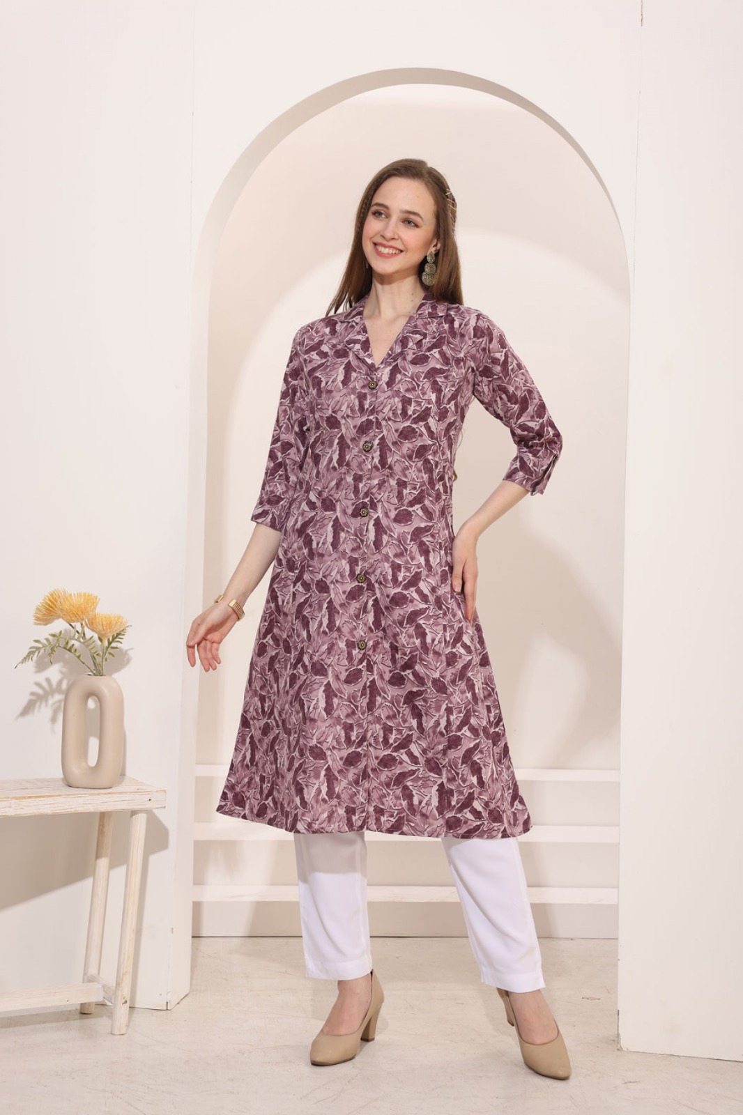Wine Linen Cotton Princess Cut Long Kurta For Women