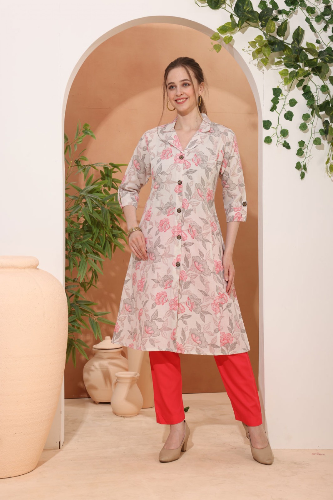 Pink Rose Flower Print Linen Cotton Princess Cut Long Kurta For Women