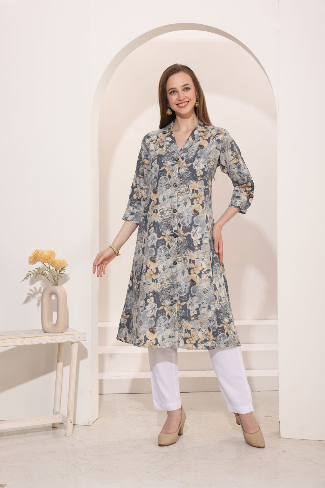 Grey Linen Cotton Princess Cut Long Kurta For Women