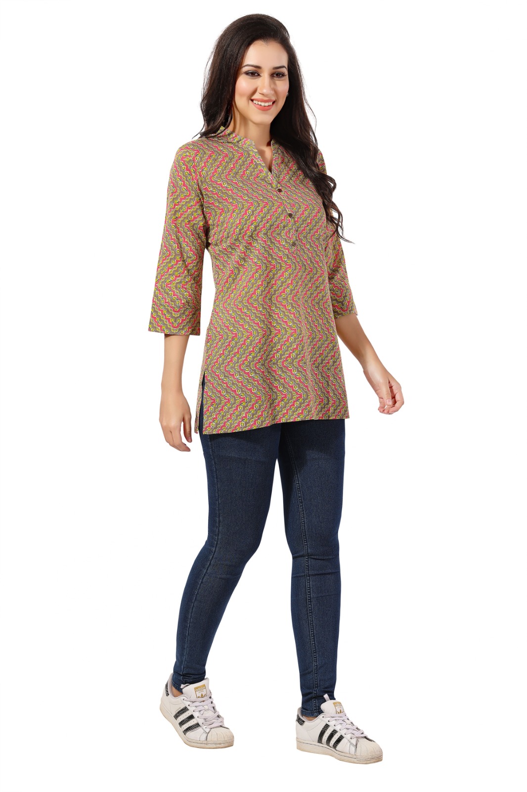 Casual Craze Brown Cotton Printed Short Tunic Top