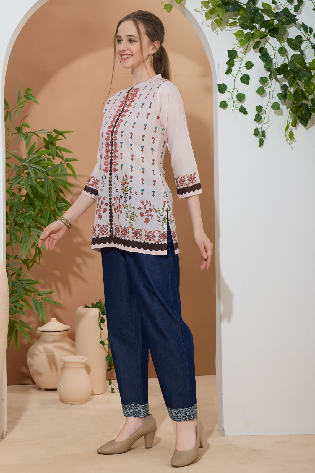 Elegant Beige Color Ethnic Print Cotton Short Kurti with Ban Collar