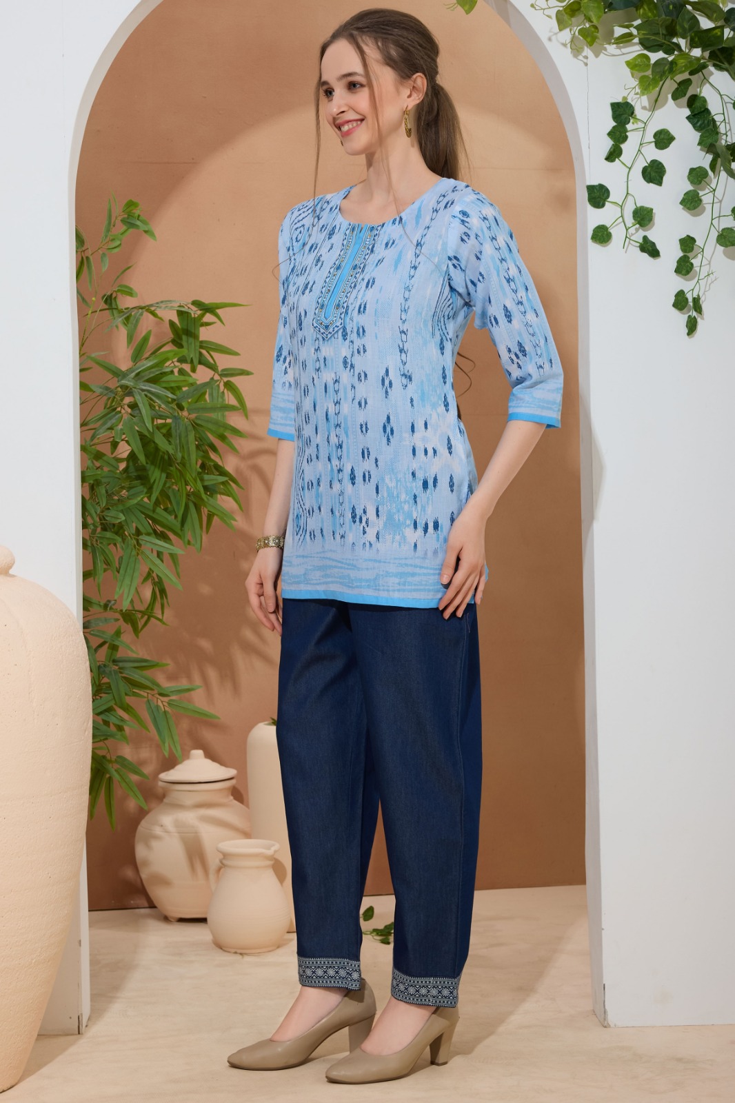 Elegant Sky Blue Ethnic Print Cotton Short Kurti With Thread Work