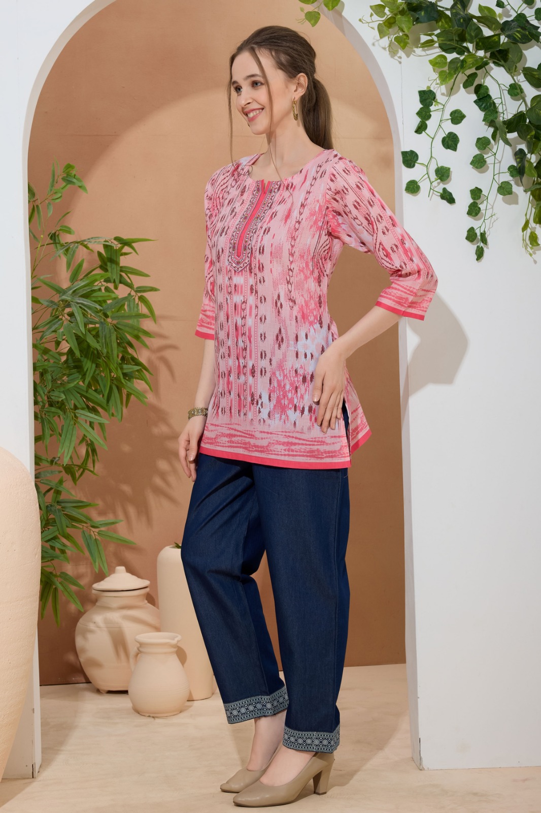 Elegant Tomato Ethnic Print Cotton Short Kurti With Thread Work
