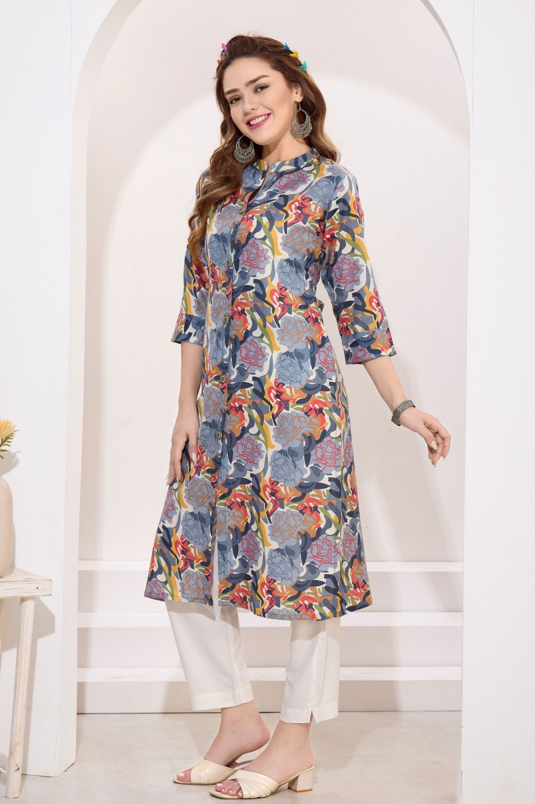 Gray Black Linen Cotton Women Long Kurta With Ban Collar