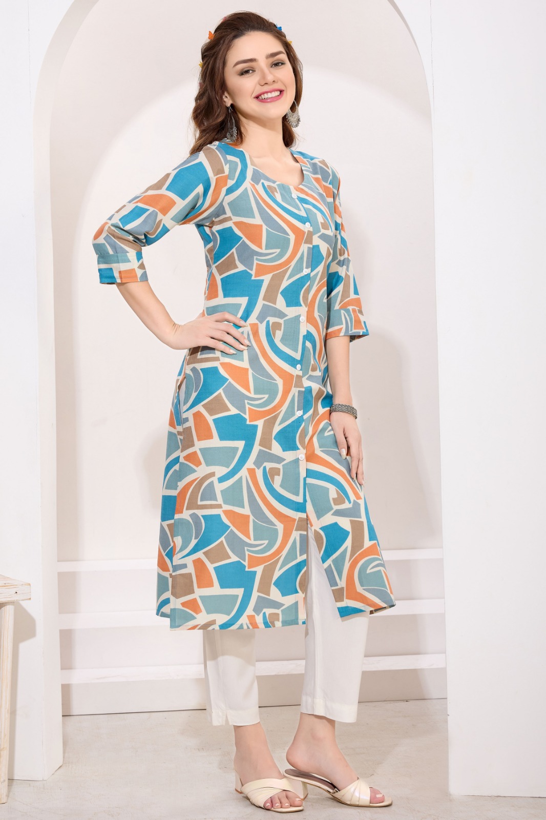 Blue Orange Linen Cotton Round Neck Women Long Kurta