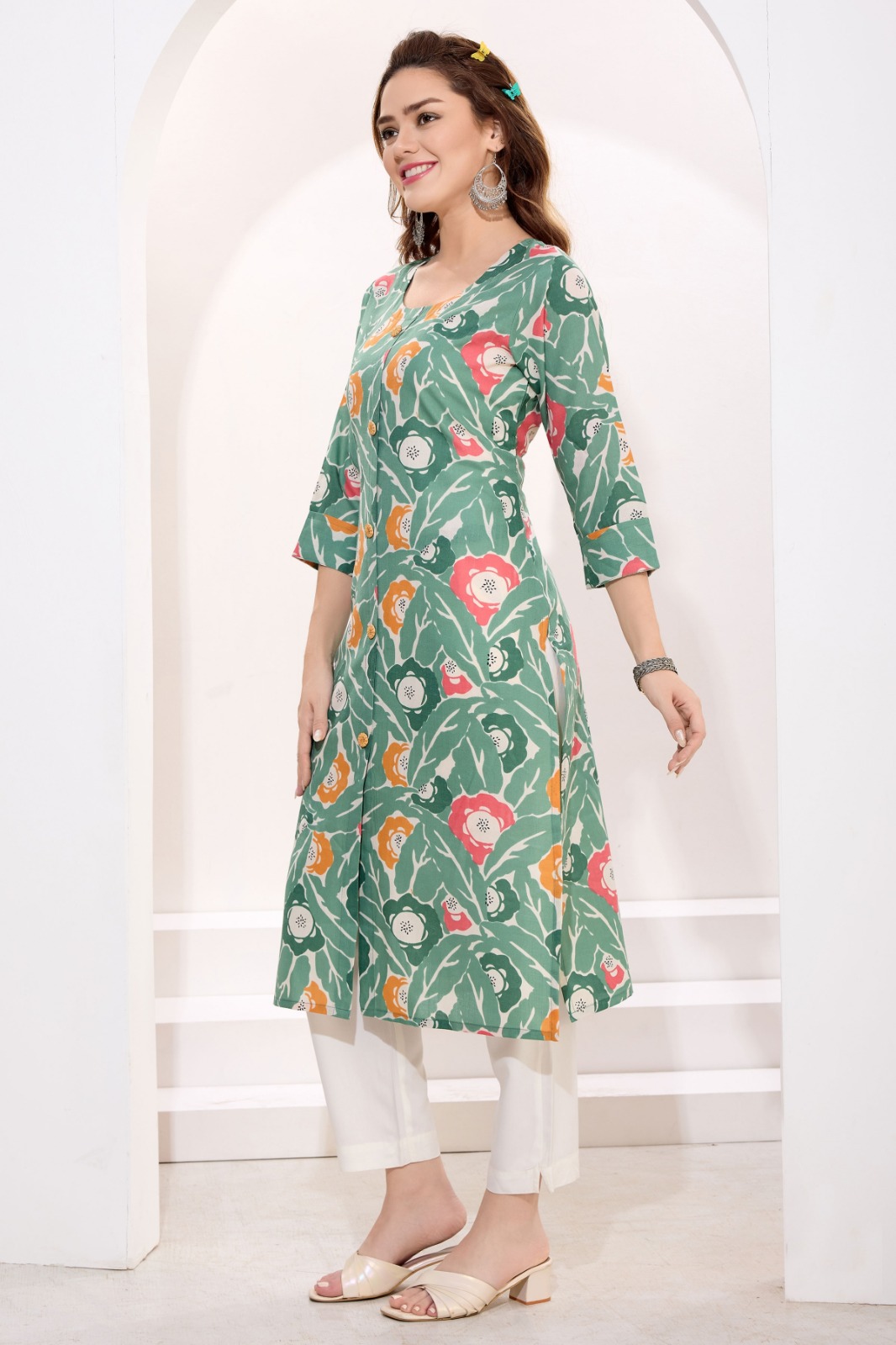 Pista Green Linen Cotton Round Neck Women Long Kurta
