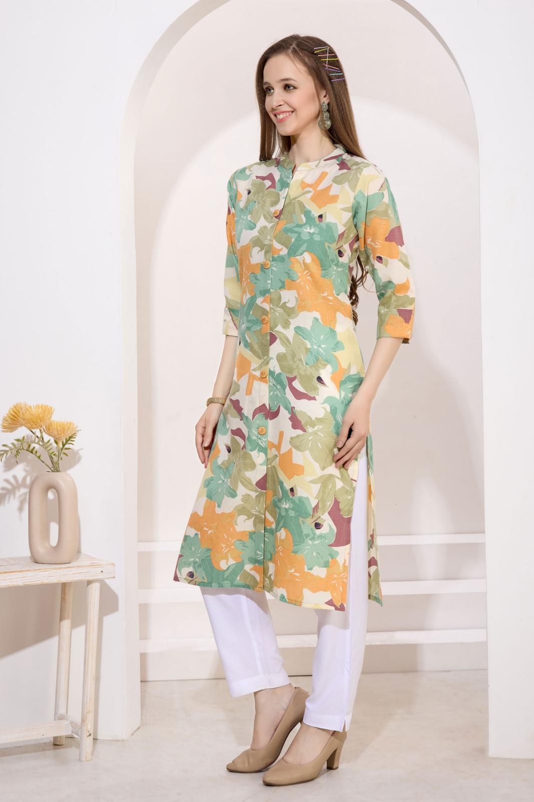 Green Multicolored Linen Cotton Women Long Kurta With Ban Collar