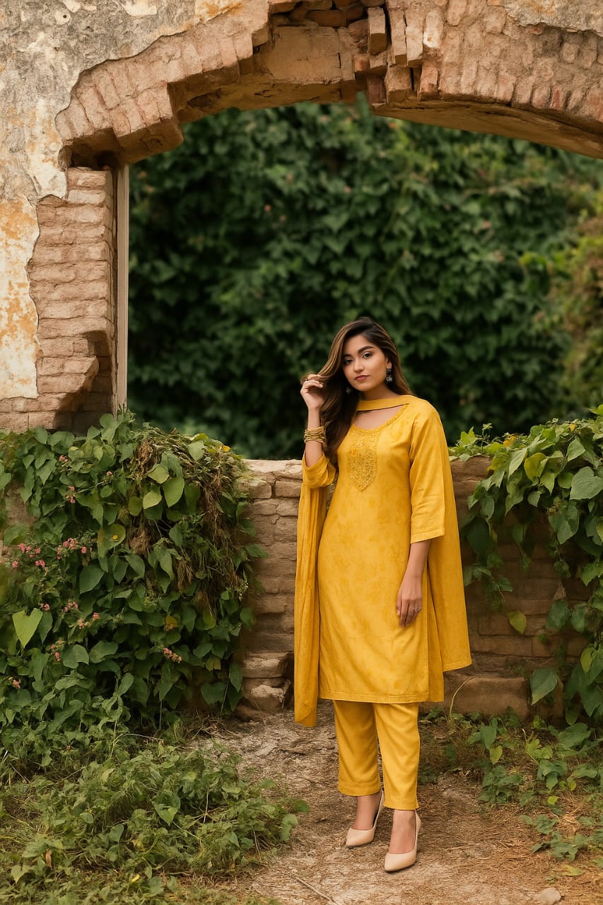 The outfit looks like it's made from cotton silk, chanderi, or blended cotton.