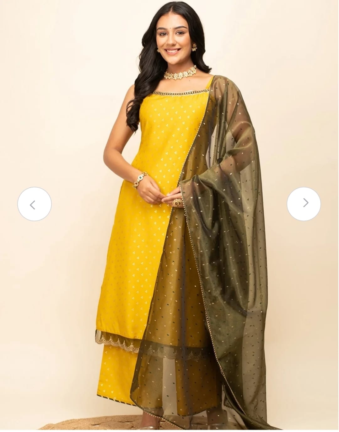 Ethnic Motifs Printed Shoulder Straps Zari Straight Kurta With Palazzos & Dupatta