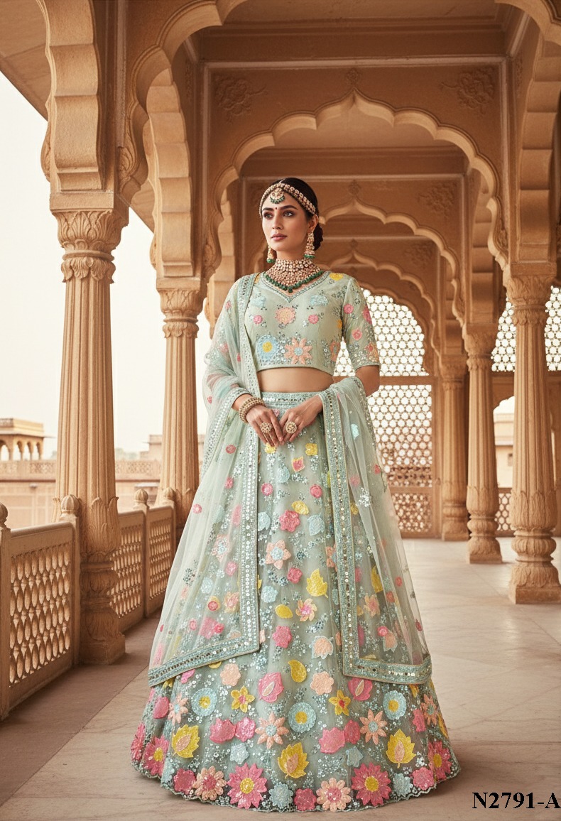 Sea Green Net Cord Work Lehenga Choli. Fully Stitched