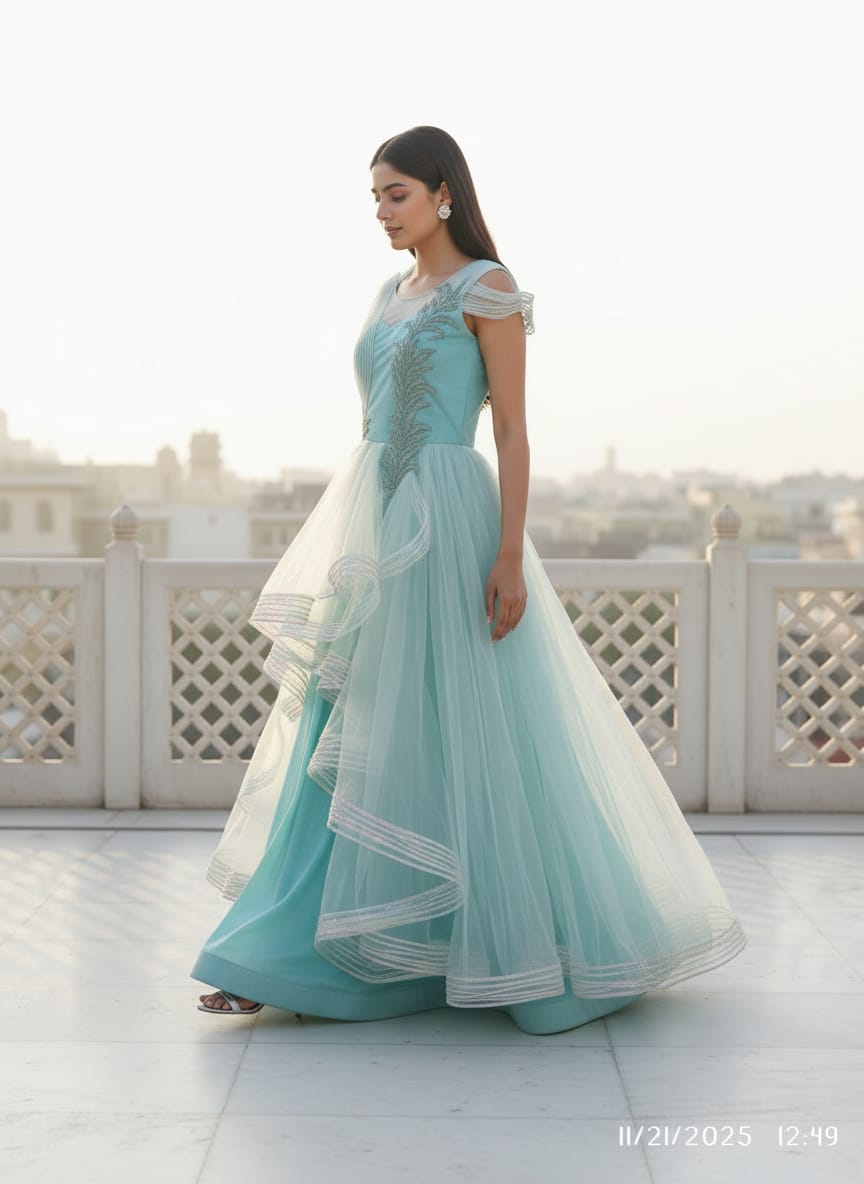 light blue net gown featuring ruffled tiers and delicate embroidery