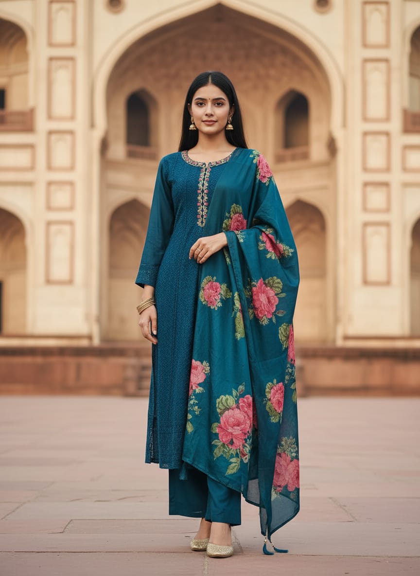 festive look with this teal-blue heavy embroidered kurta with pant & dupatta