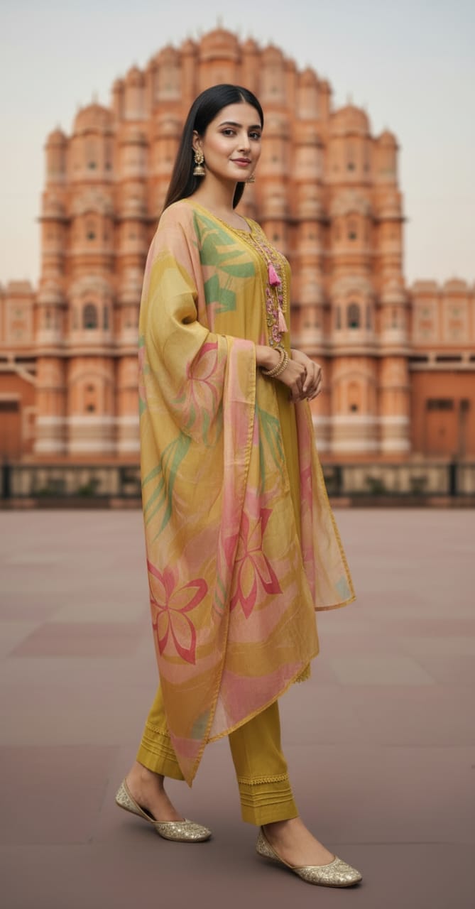 Mustard yellow embroidered kurta and pant set with dupatta