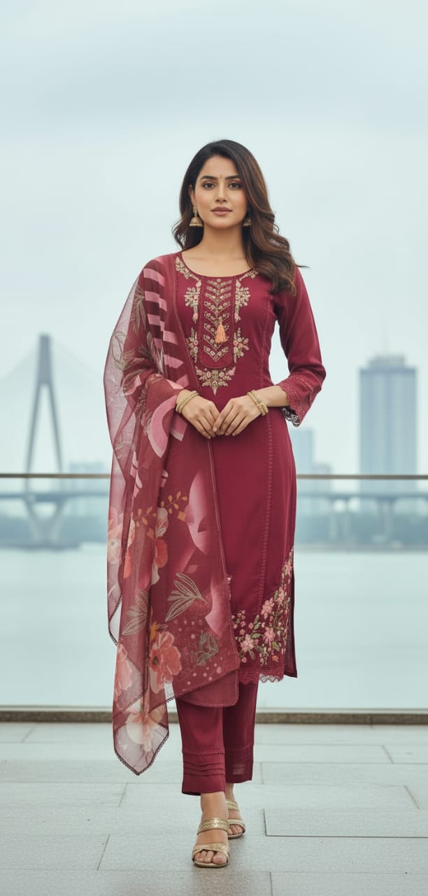Maroon embroidered kurta and pant set with a printed dupatta.