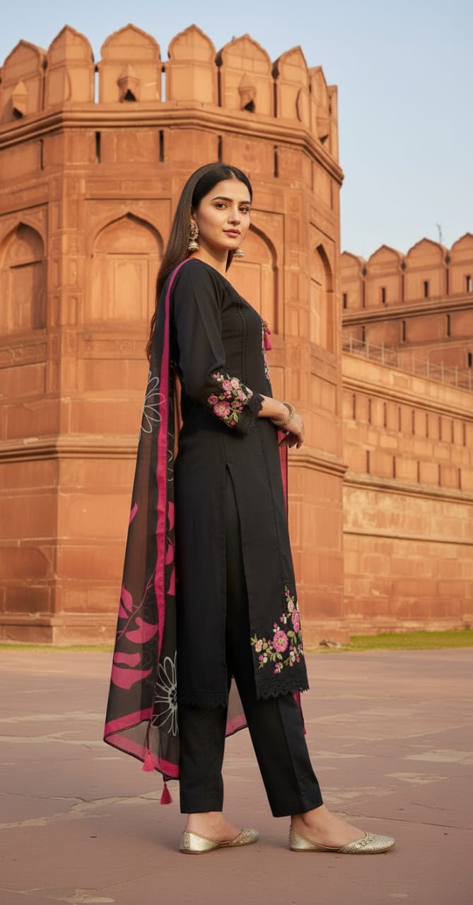 Black embroidered kurta and pant set with a pink floral dupatta