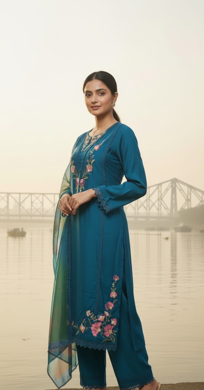 Teal blue embroidered kurta and pant set with a printed dupatta.