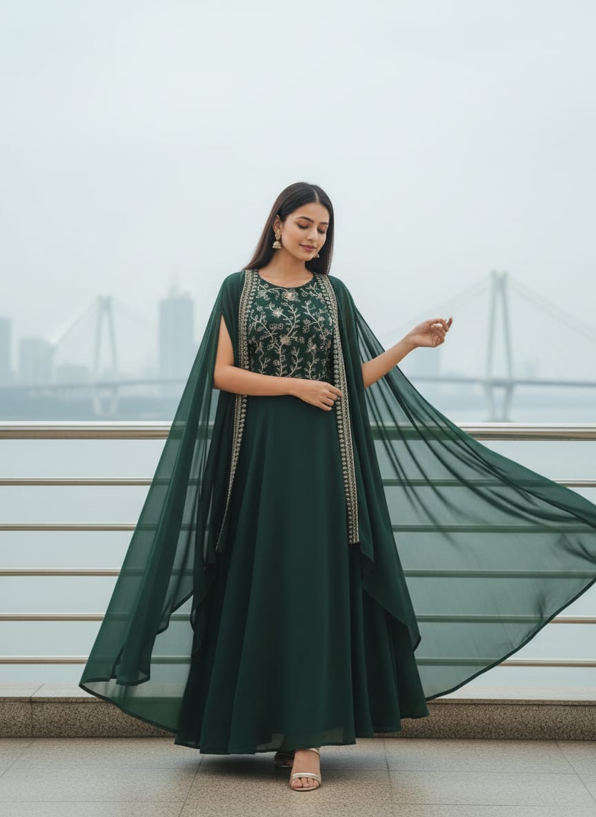 Women's Georgette Anarkali Maxi Dress & Jacket