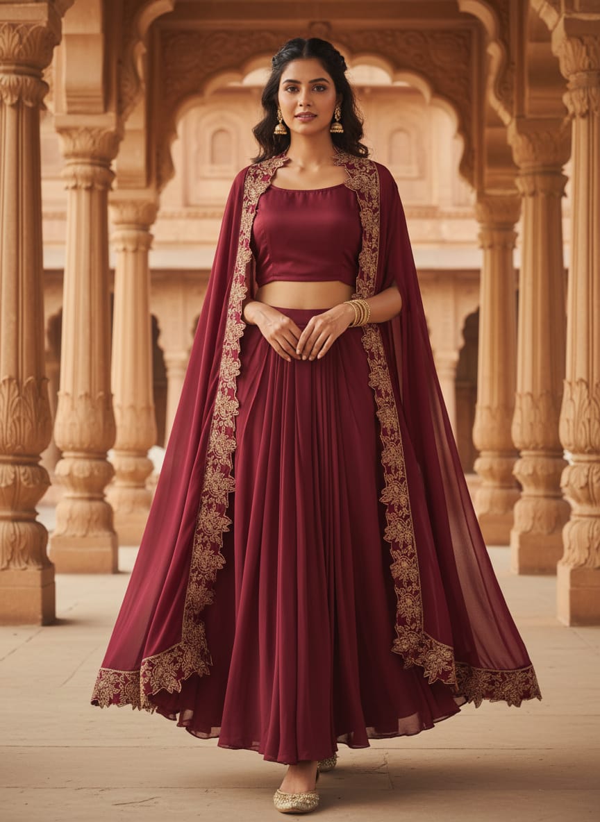 maroon lehenga set includes a solid crop top, a flared skirt, and an embroidered long cape.