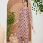 Glossorial Coral Round Neck Kurti Pant Suit For Women