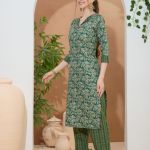 Gorgeous Green Kurti Pant Suit For Women With Coat Collar. Embellished with Decorative Buttons and Thread Work.