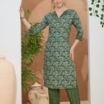 Gorgeous Green Kurti Pant Suit For Women With Coat Collar. Embellished with Decorative Buttons and Thread Work.