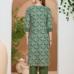 Gorgeous Green Kurti Pant Suit For Women With Coat Collar. Embellished with Decorative Buttons and Thread Work.