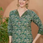 Gorgeous Green Kurti Pant Suit For Women With Coat Collar. Embellished with Decorative Buttons and Thread Work.